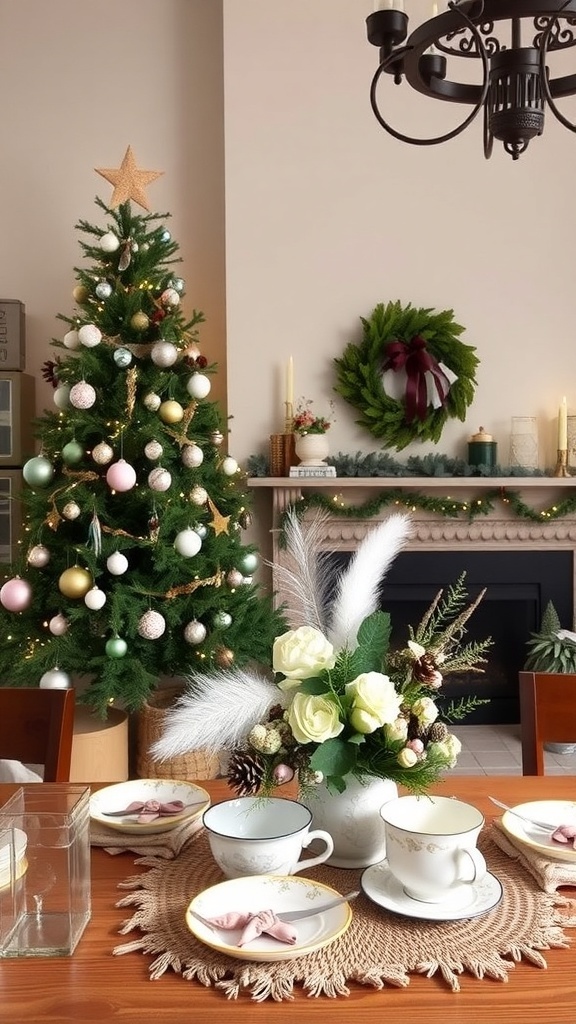 Unique Christmas Decor Ideas A cozy Christmas living room with a uniquely decorated tree, festive mantel, and creative table setting.